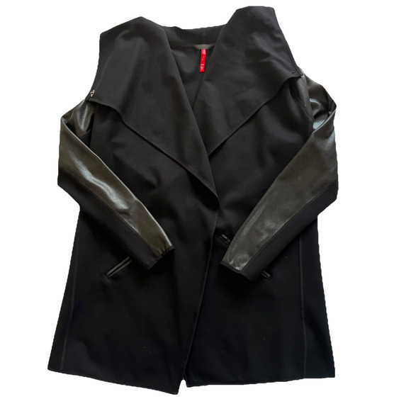 Spanx Drape Front Jacket Women Medium Black Ponte Knit Faux Leather Pockets Edgy - Picture 10 of 10